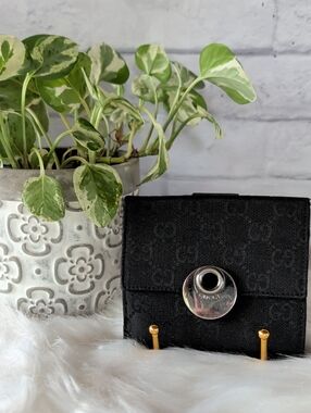 Authentic Gucci Black Monogram Canvas Compact Wallet with Silver-Tone Disc Snap